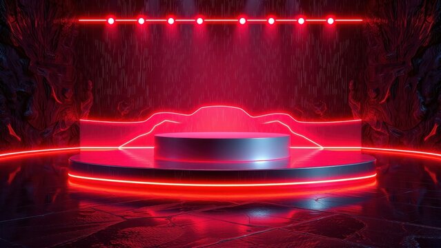 Dramatic stage illuminated with vibrant red neon lights. Circular platform dominates dark futuristic space. Minimalist design, intense atmosphere.