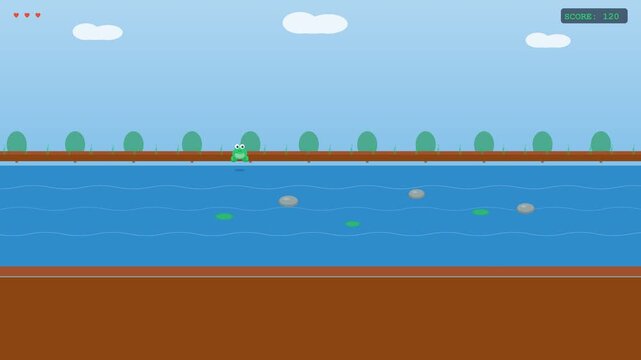 Animated cartoon scene of a river with fish and trees under a blue sky with clouds.