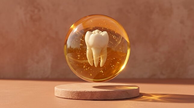 Glowing human tooth suspended inside large transparent golden amber sphere hovering above minimalist textured stone podium under warm natural sunlight casting soft shadows across neutral background su