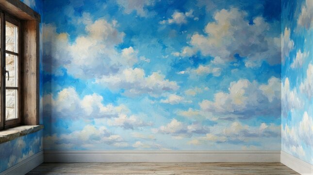 Cozy room features painted sky with fluffy clouds. Window lets sunlight gently fill the space. Blue tones create a calm, dreamy atmosphere. Ideal for relaxation, meditation