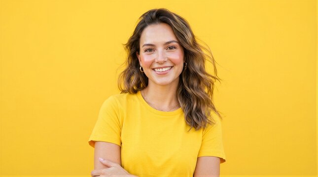 Young woman smiles warmly against vibrant yellow background. Her wavy hair frames a cheerful, approachable expression. Simple yellow tee matches the bold backdrop, creating harmony