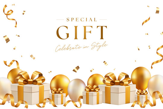 Luxury gift card background with white gift boxes gold balloons ribbon and confetti with copy space