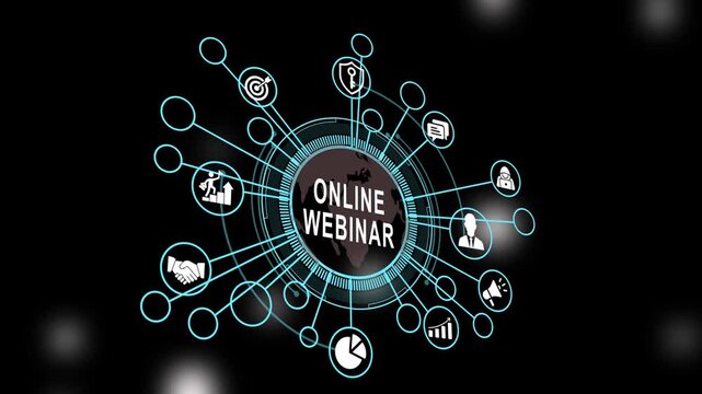 Dynamic online webinar digital infographic animation featuring global connections, interactive networking symbols, and modern corporate communication concepts on black background