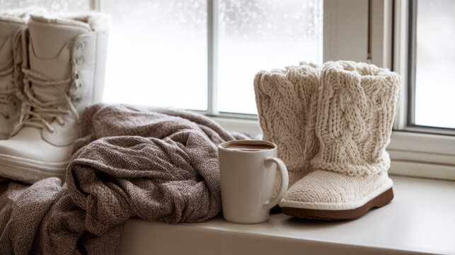Winter break family activities with hot cocoa, blanket and snow boots on window ledge