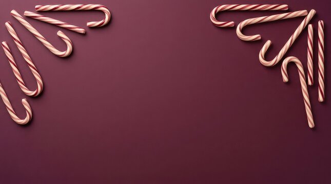 A delightful and festive arrangement of pink and gold candy canes forming a charming holiday border on a rich burgundy background