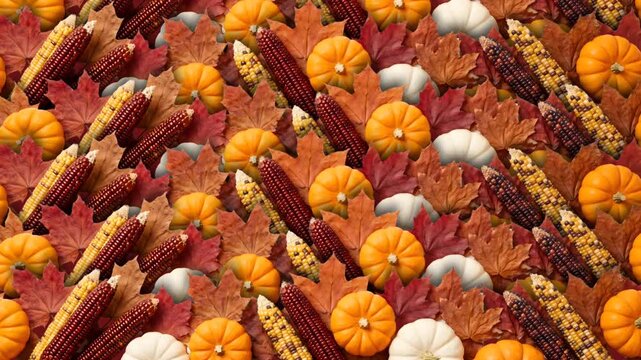 Thanksgiving Autumn Background With Pumpkins Indian Corn And Dry Maple Leaves.