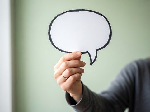 Hand holding blank speech bubble with black border, green background, messaging design template