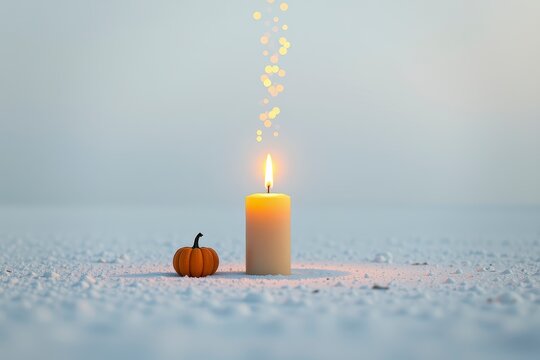 Candle Flame with Pumpkin in Snowy Landscape for Autumn Halloween Decor