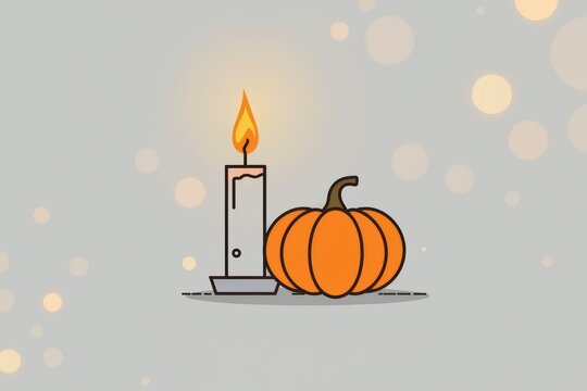 Pumpkin and candle cozy autumn decor with soft glow on neutral background