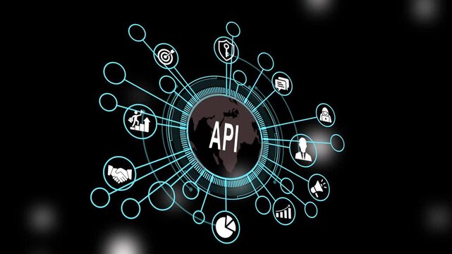 Api integration and global software development network concept animation featuring connected technology and globe data exchange interface for modern corporate digital infrastructure