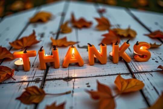 Candlelit candles spelling thanks with autumn leaves on rustic wooden surface for gratitude celebration