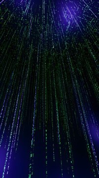 Cascading green and purple binary code streams in dark space
