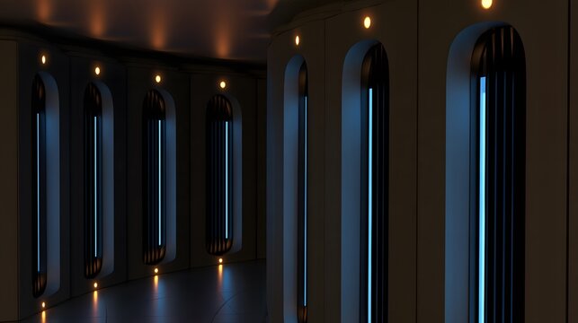Dark supercomputer server room with blue lights and cooling towers