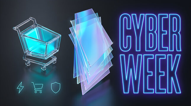 Cyber week neon sign design with a digital shopping cart and holographic paper stack for online retail sale promotion