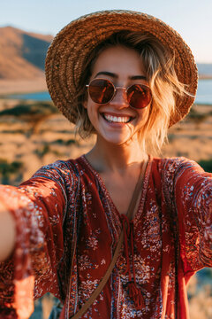 Selfie in Africa smiling young woman wearing straw hat enjoying peaceful desert landscape during unforgettable vacation adventure experience