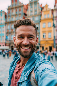 Selfie in a European City smiling young man exploring beautiful historic square during memorable sightseeing vacation across charming old town
