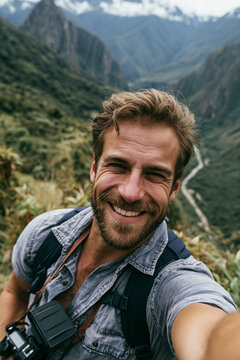 Selfie in South America smiling photographer exploring breathtaking mountain valley during adventurous hiking vacation with professional travel camera