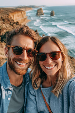 Selfie on the Coast of Oceania smiling couple admiring iconic ocean cliffs during unforgettable romantic coastal vacation adventure together
