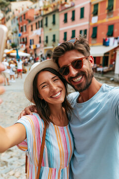 Selfie in a European City smiling young couple exploring colorful old town waterfront during joyful romantic vacation together abroad