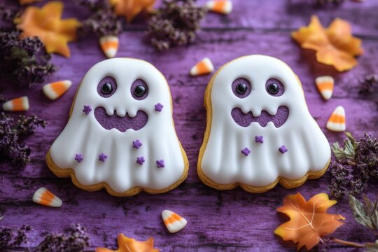Cute Ghost Cookies With Purple Background And Leaves