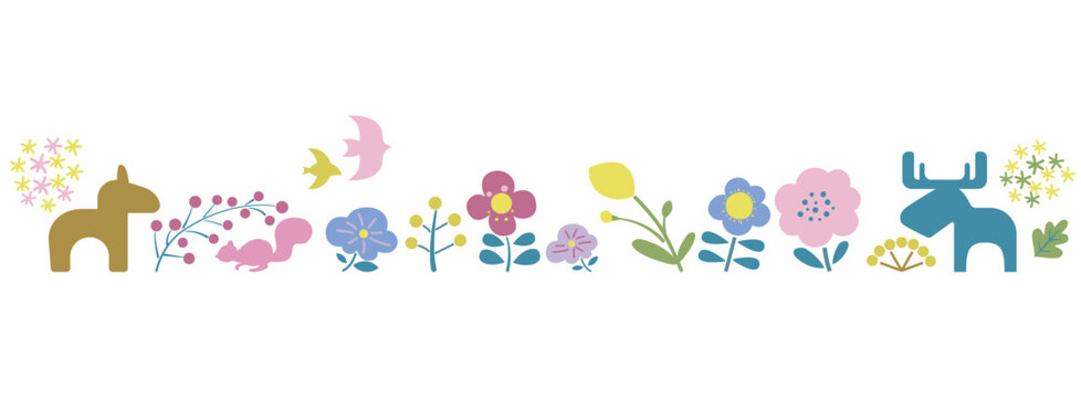 北欧風の花々と動物たちのイラストが並んだカラフルなライン