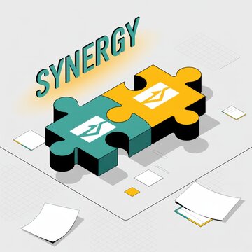 Puzzle pieces interlocking tightly beneath bold text reading synergy to symbolize teamwork collaboration and successful business strategy depicted as a clean isometric vector graphic against a.
