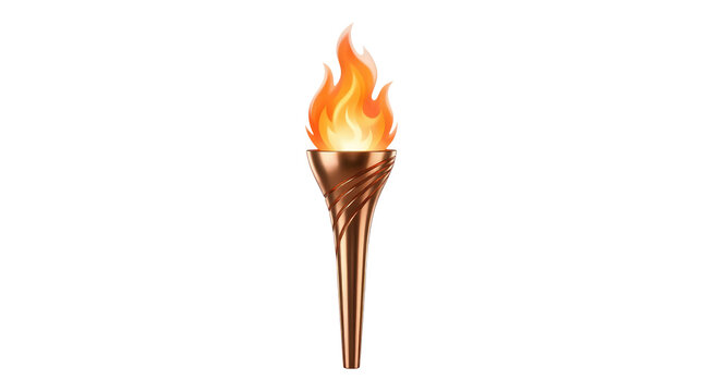 3D digital render of a polished bronze metallic torch with diagonal grooves on the bowl, featuring bright orange and yellow stylized flames burning at the top against a solid white background