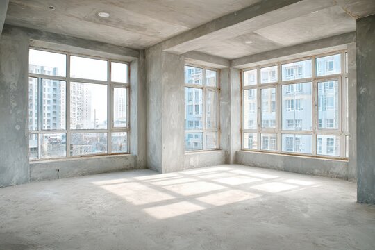 An empty room with bare concrete walls and large windows under construction. This image shows the raw state of a new apartment before renovation begins.