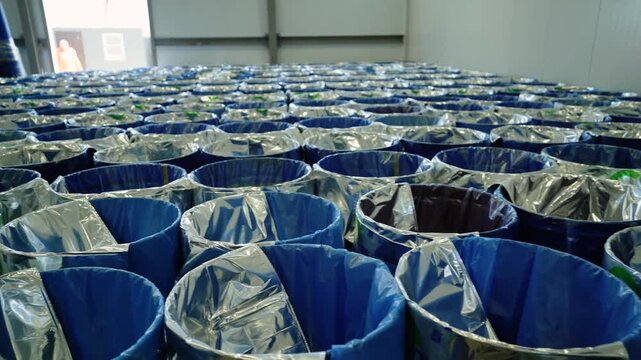 Rows of blue recycling bags with metallic liners in warehouse