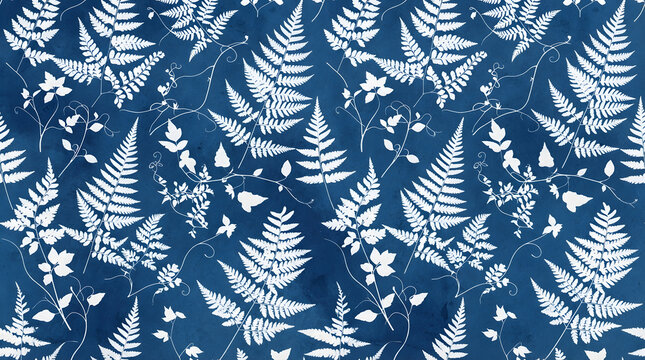 Seamless Cyanotype Botanical Pattern with White Fern Leaves Silhouettes on Textured Prussian Blue Paper Background for Textile and Wallpaper