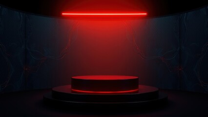 Obraz na płótnie Canvas Dark room features cylindrical pedestal illuminated by vibrant red neon light. Walls display subtle blue patterns. Minimalist stage setup.