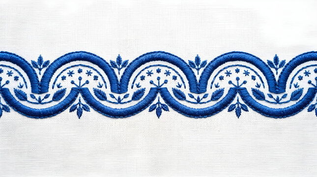 Decorative blue lace border trim with elegant floral pattern on a simple fabric texture for sewing and craft projects