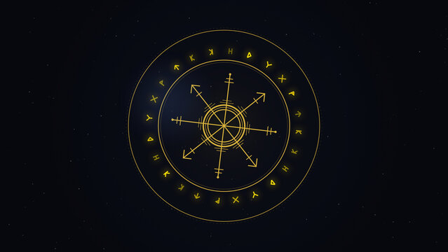 Vegvisir Viking Compass Runic Symbol Glowing with Golden Sacred Geometry Against a Dark Mystical Background