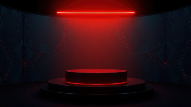 Dark room features cylindrical pedestal illuminated by vibrant red neon light. Walls display subtle blue patterns. Minimalist stage setup.
