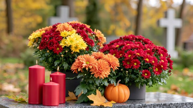 Chrysanthemums and candles on a tombstone in autumn