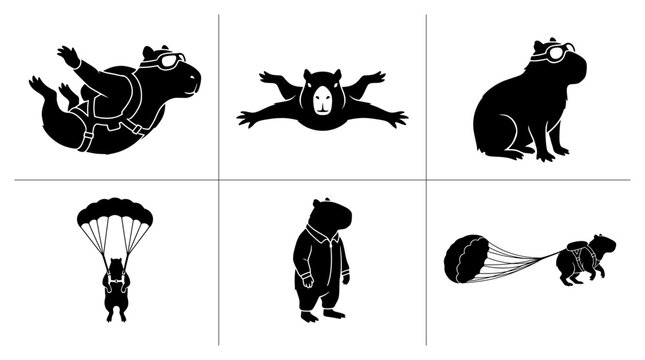 Capybara silhouettes set with skydiving, parachute jump and formal wear for logo or sticker
