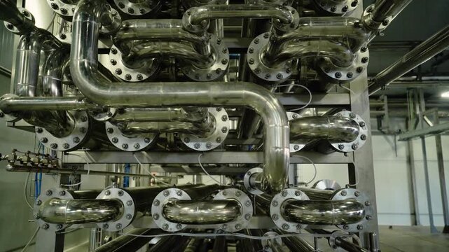 Stainless steel pipework with flanges in industrial plant