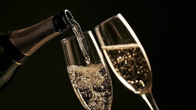 Champagne being poured into a crystal glass, sparkling beverage flowing elegantly into a waiting glass against a dark background, celebration