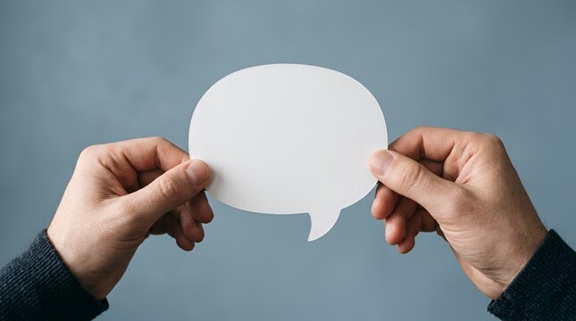 Hands holding blank white speech bubble cutout against a solid grey