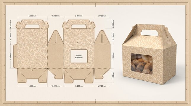 Cardboard Gable Box Blueprint and 3D Mockup for Bakery Packaging