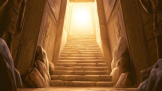 Stone staircase in ancient temple corridor with glowing light