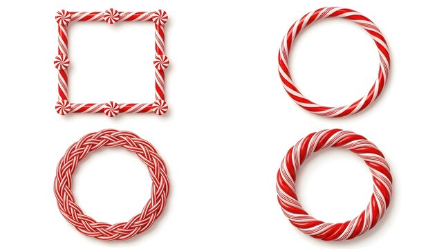 Set of decorative candy cane wreaths and a square frame isolated on white background
