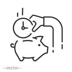 Plakat save time icon, times is money concept, piggybank clock and hand, line art, editable stroke clean vector