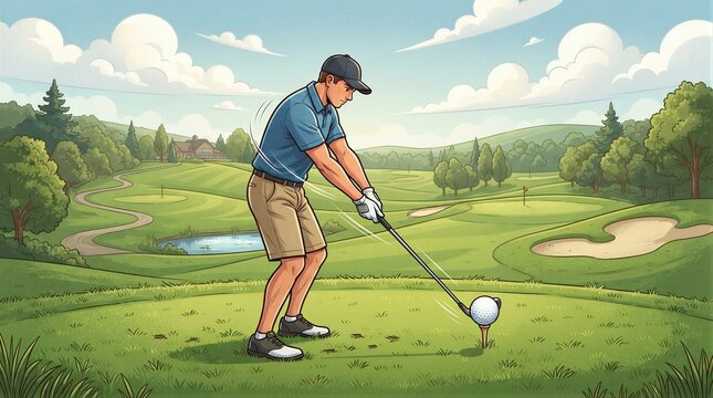 Golf player prepares to hit the ball from tee box. He wears cap, blue shirt, and khaki shorts. Green fairway stretches behind him with water hazard