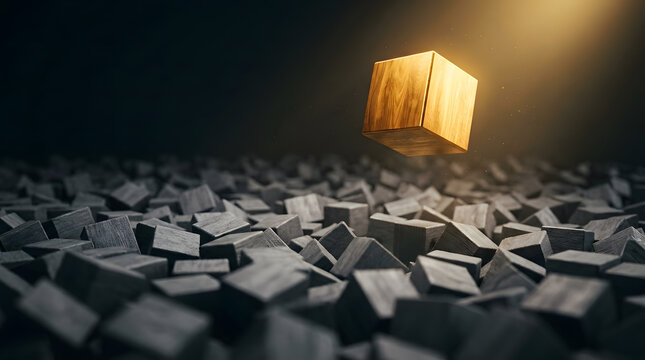 A glowing golden wooden cube floats above a vast sea of dark charcoal gray wooden blocks in a dark moody 3D render, symbolizing uniqueness, leadership, success, business strategy and premium quality
