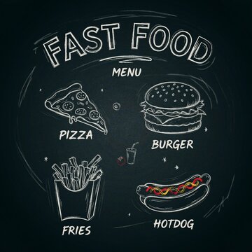 Fast Food Menu Vector Illustration on Chalkboard Background with Pizza Burger Fries and Hotdog