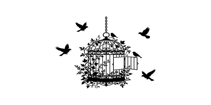 Decorative iron bird cage with flying birds and ornate floral branches in black silhouette for elegant wall art decor.