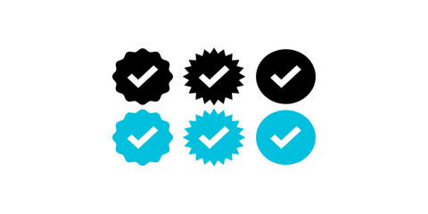 Collection of six verified badge checkmark icons in black and blue styles for social media platform user verification. © Zohaib Masih