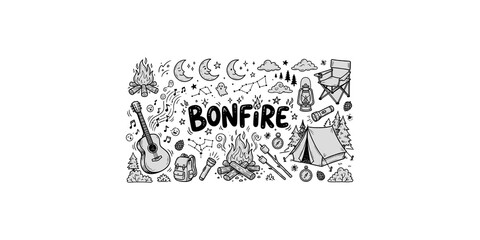 Hand drawn doodle set of camping gear with bonfire text for outdoor adventure lifestyle and summer travel projects. © Zohaib Masih