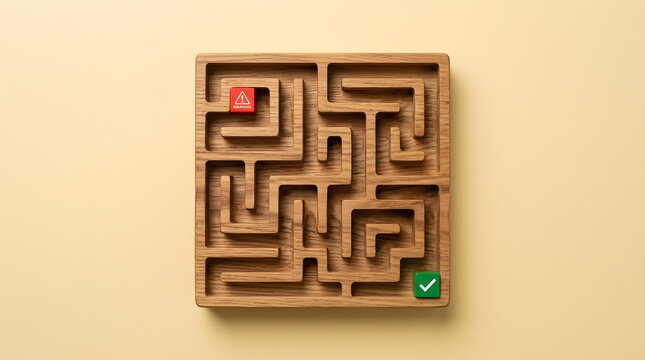 A wooden square maze game on a beige background featuring a red warning block at the start and a green success block with a checkmark at the exit, symbolizing business strategy and problem solving